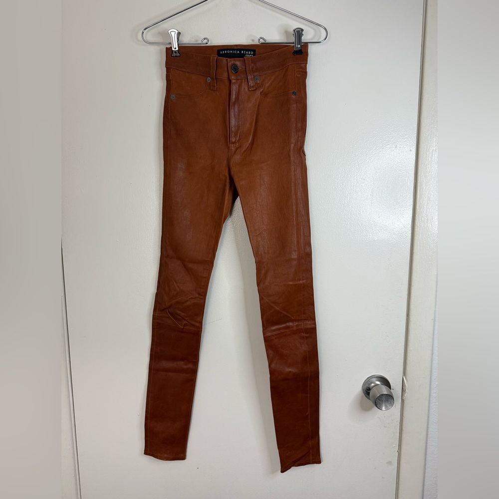 Veronica Beard Kate skinny genuine leather pants in cognac 24 - Picture 2 of 10